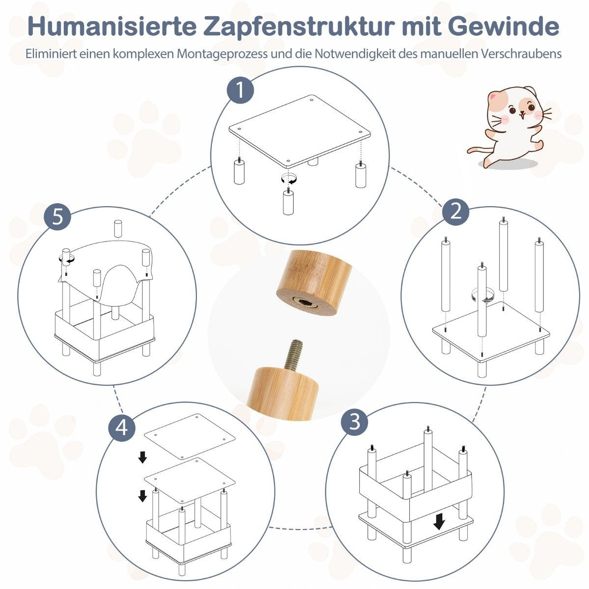 Diagrama que muestra el montaje de un mueble para gatos. Incluye pasos numerados con ilustraciones de piezas y sus conexiones.