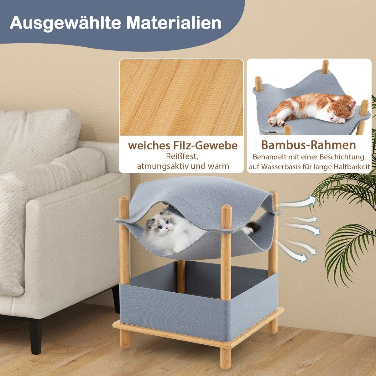 Una cama para gatos con tela gris y marco de madera. Un gato descansa dentro. El texto muestra "Ausgewählte Materialien" y "Bambus-Rahmen".