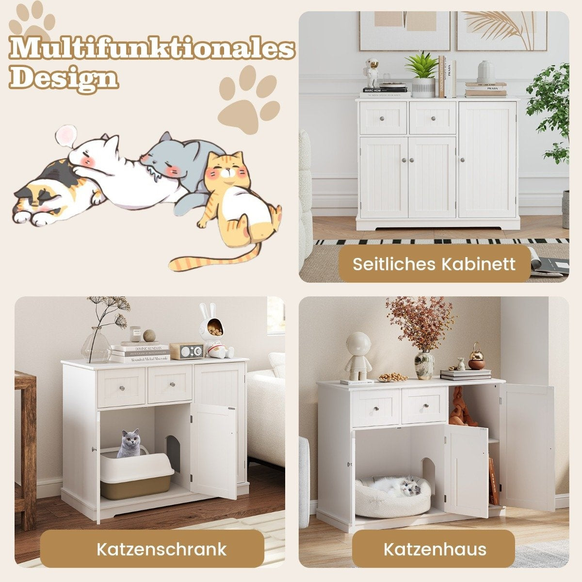 Collage que muestra muebles para gatos. Arriba a la izquierda: dibujos animados de gatos. Arriba a la derecha: armario blanco. Abajo a la izquierda: arenero.