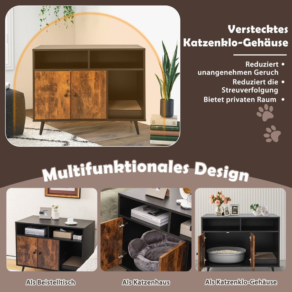 Una casa para gatos multifuncional. Es un armario con arenero, cama para gatos o mesita auxiliar. Tiene un diseño marrón y negro.