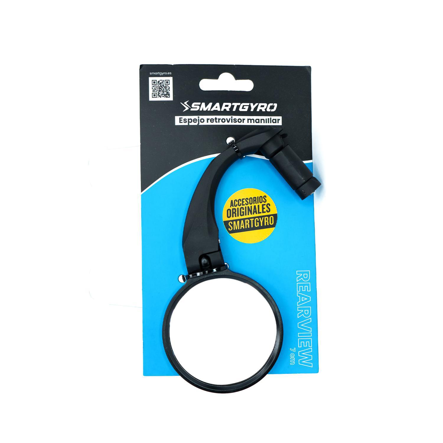 Schwarzer Smartgyro-Lenker-Rückspiegel auf einer blau-schwarzen Karte. Der Spiegel ist rund. Die Verpackung zeigt das Markenlogo und Text.