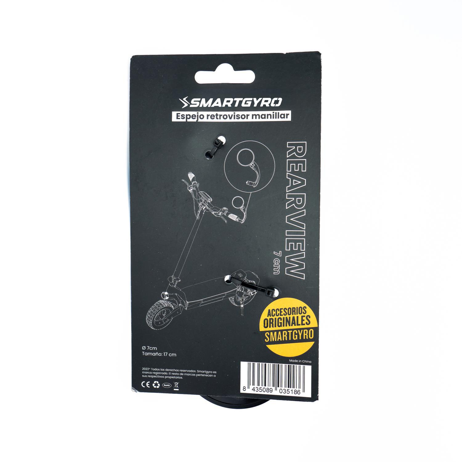 Eine schwarze Smartgyro-Rückspiegelverpackung. Sie zeigt den Spiegel, eine Rollerillustration und Text auf Spanisch und Englisch.