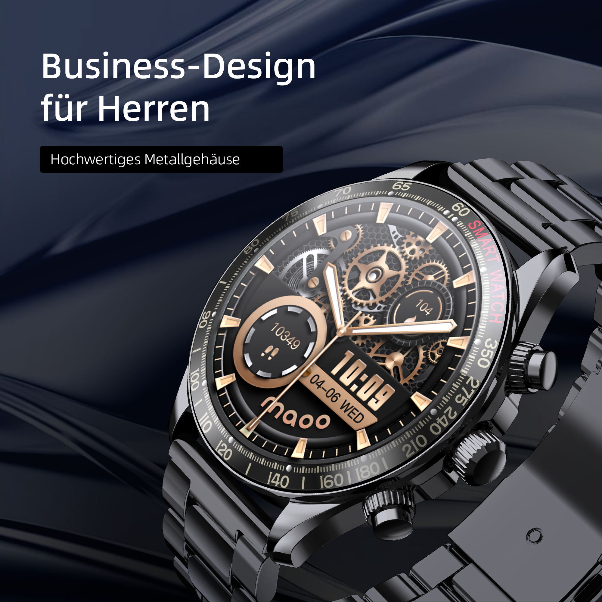 Smartwatch nera con dettagli oro, mostra l'ora. Testo: Business-Design für Herren. Lo sfondo è blu scuro.