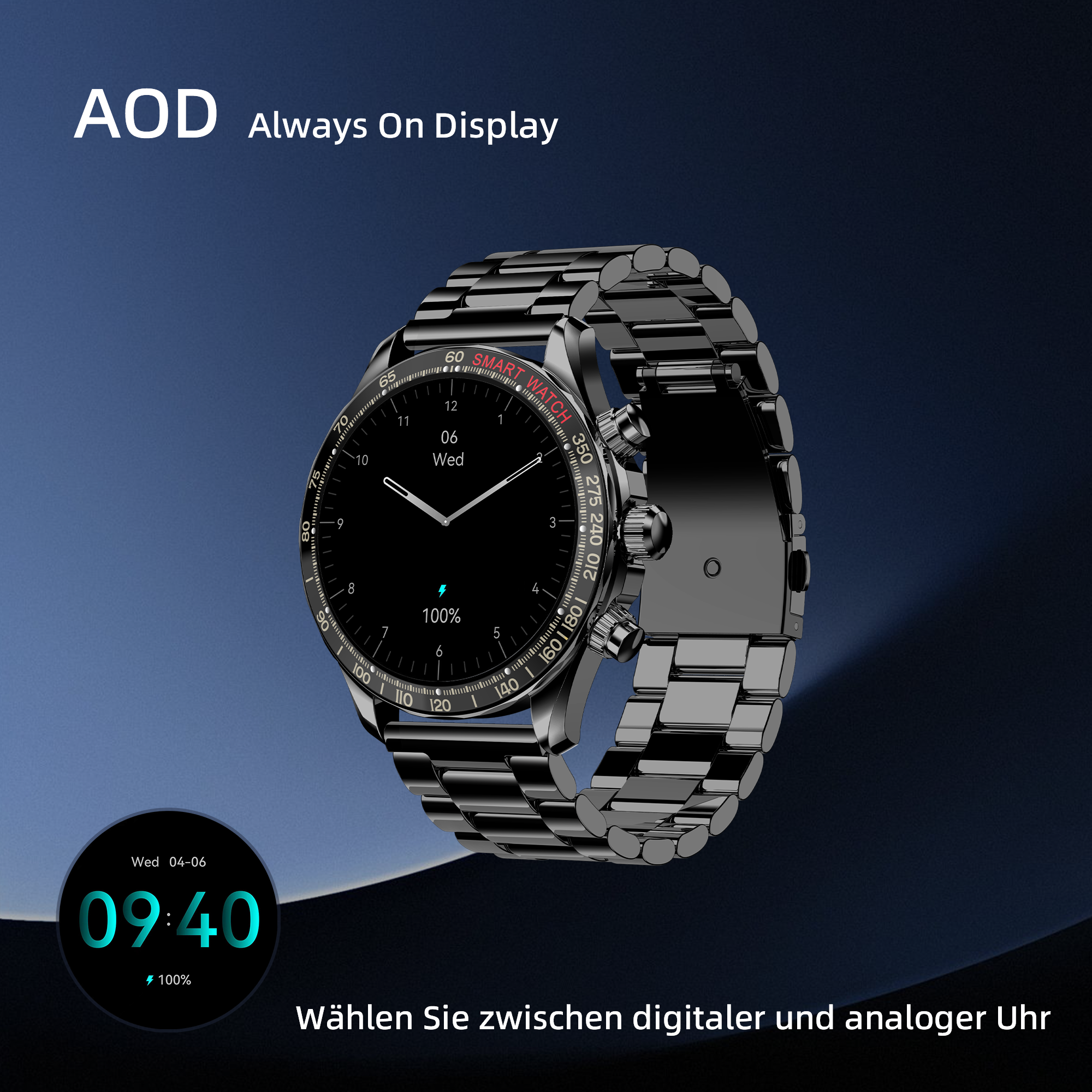 Smartwatch nera con cinturino in metallo. Il quadrante mostra ora, data e stato batteria. Lo sfondo è blu scuro.