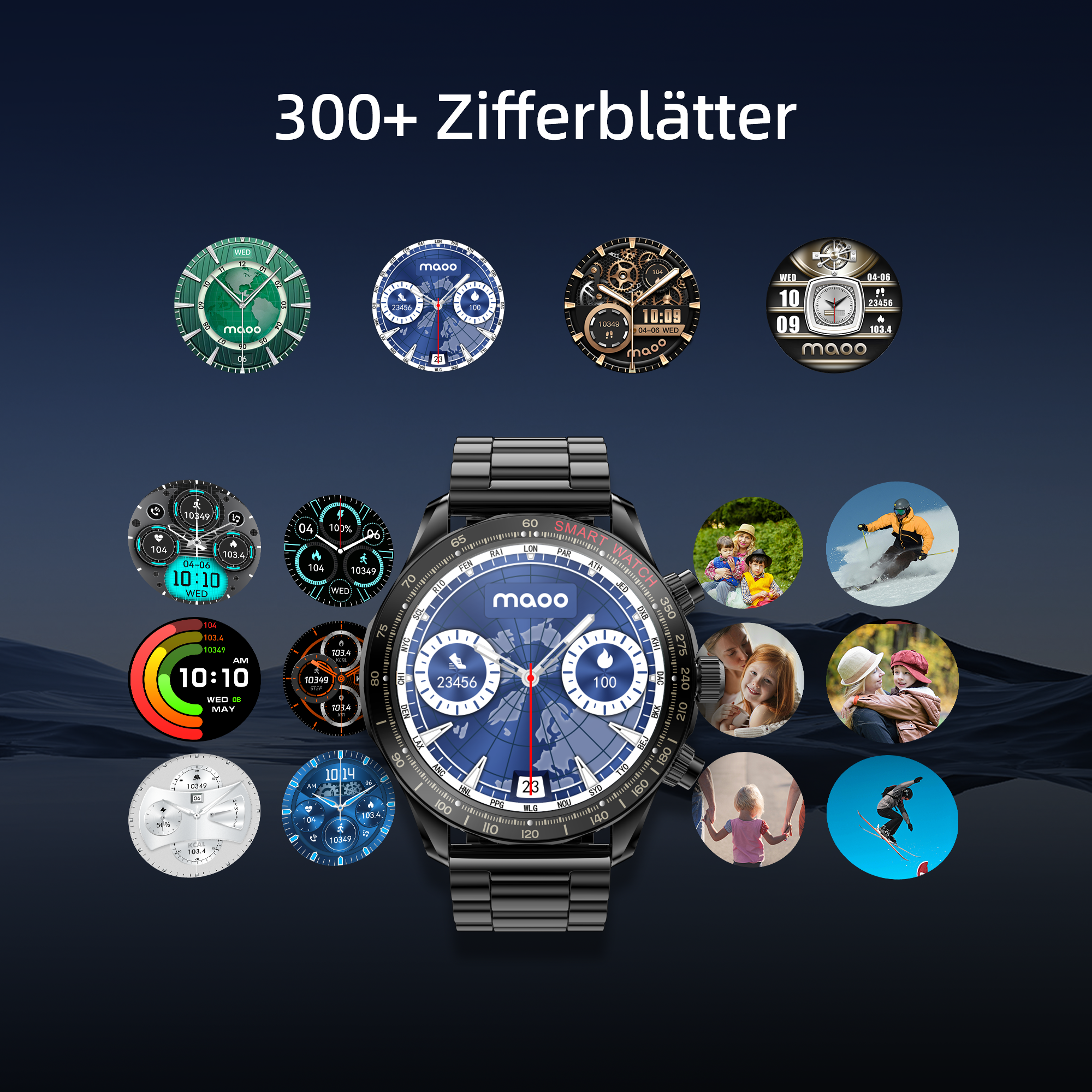Smartwatch mit mehreren Zifferblättern, die verschiedene Designs und Datenrepräsentationen zeigen. Der Hintergrund ist dunkelblau.