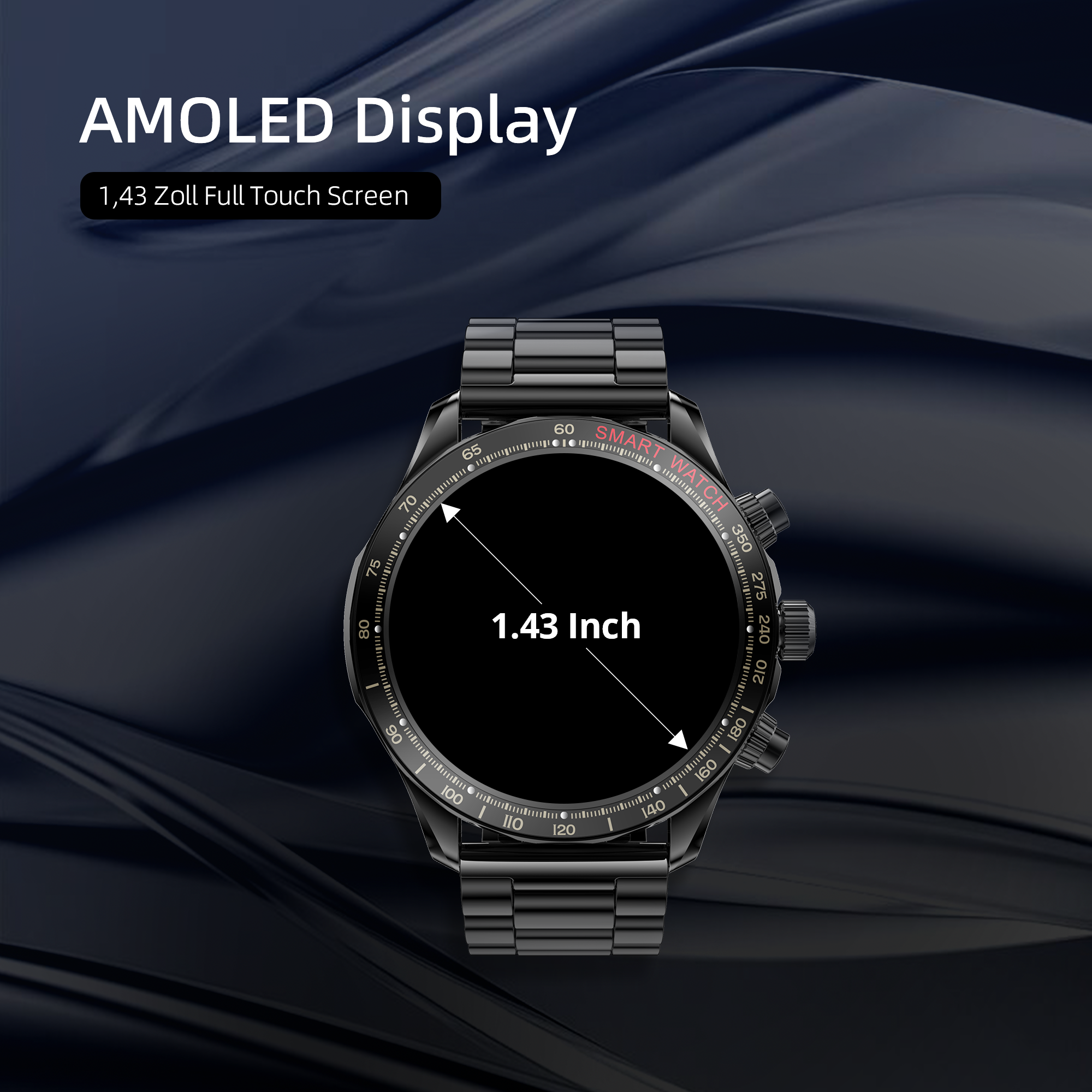 Smartwatch nera con quadrante rotondo che mostra 1,43 pollici. Il testo sullo schermo mostra 'AMOLED Display' e 'Full Touch Screen'.