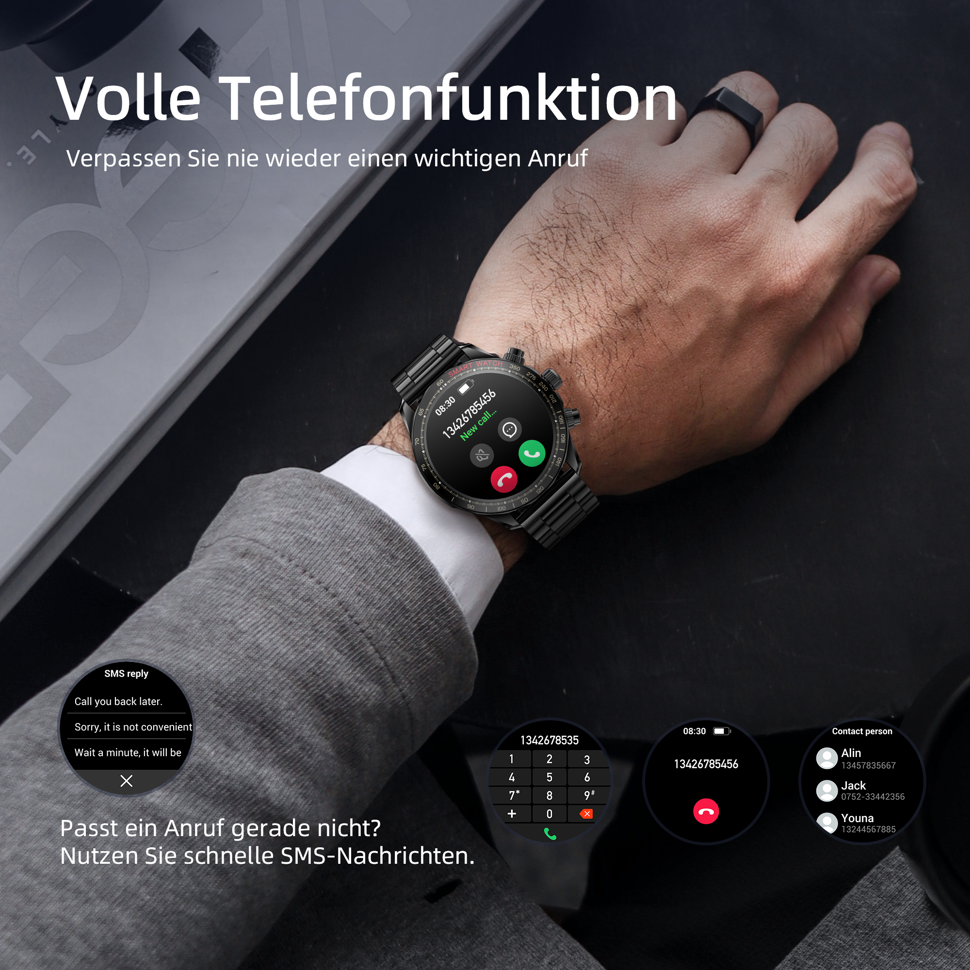 Una persona indossa uno smartwatch, riceve una chiamata. L'orologio mostra il numero del chiamante e le opzioni.