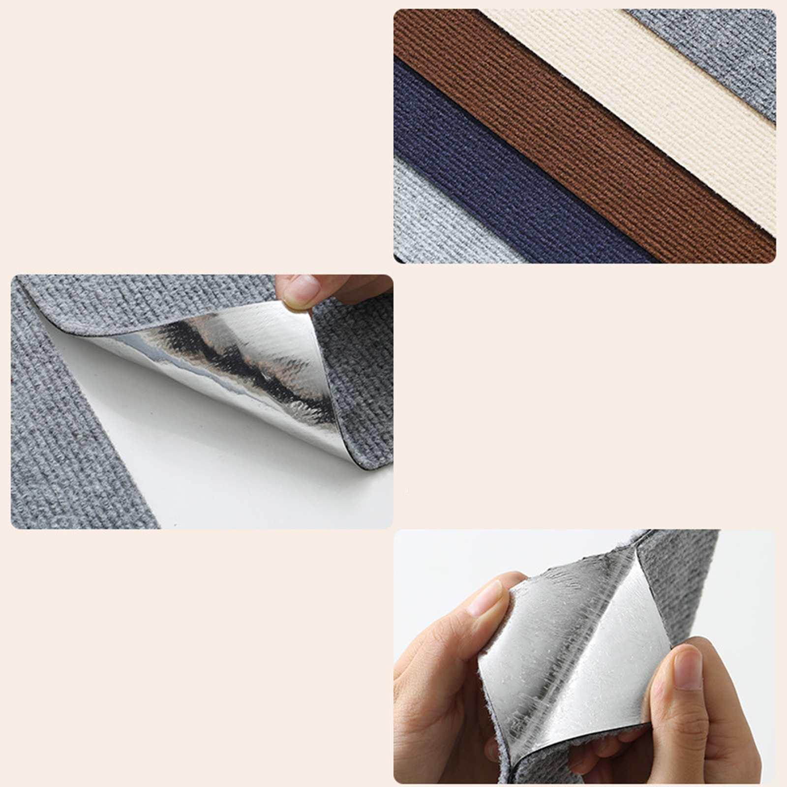Hände ziehen grauen Teppich ab, um die silberne Rückseite freizulegen. Oben rechts Teppichmuster: grau, blau, braun, weiß.