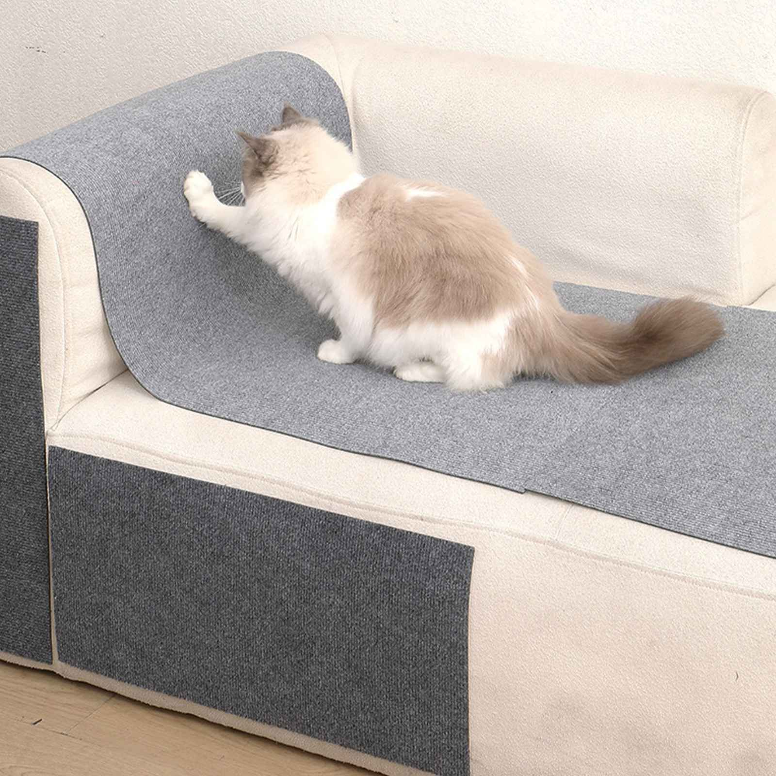 Eine Katze kratzt an einer grauen Matte auf einem weißen und grauen Sofa. Die Katze ist weiß und braun und hat ihre Pfote ausgestreckt.