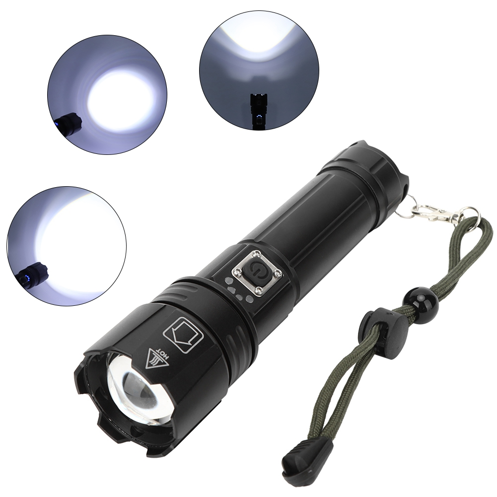 Schwarze Taschenlampe mit weißem Licht, Ein-/Aus-Taste und Lanyard. Es werden auch drei kreisförmige Lichtstrahlen gezeigt.