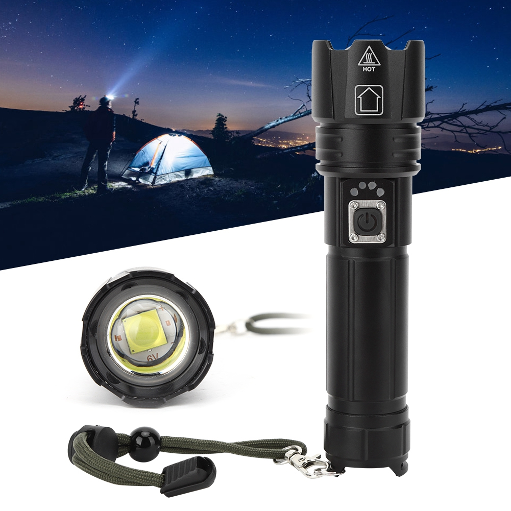 Eine schwarze Taschenlampe, ein beleuchtetes Zelt und eine Figur mit Stirnlampe vor einem sternenklaren Nachthimmel. Nahaufnahme des Lampenkopfes.