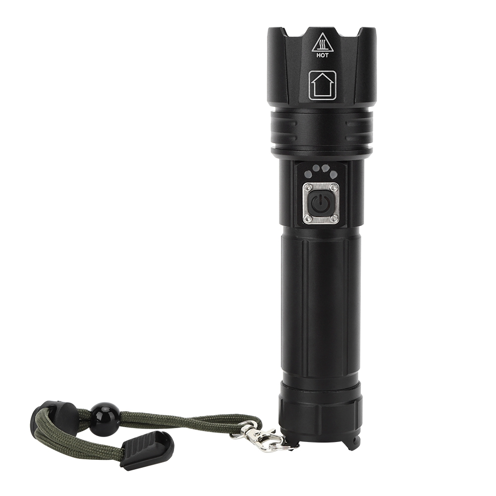Eine schwarze Taschenlampe mit einem Lanyard. Es hat einen Einschaltknopf, ein Hitzesymbol und ein Home-Icon. Das Lanyard ist grün.