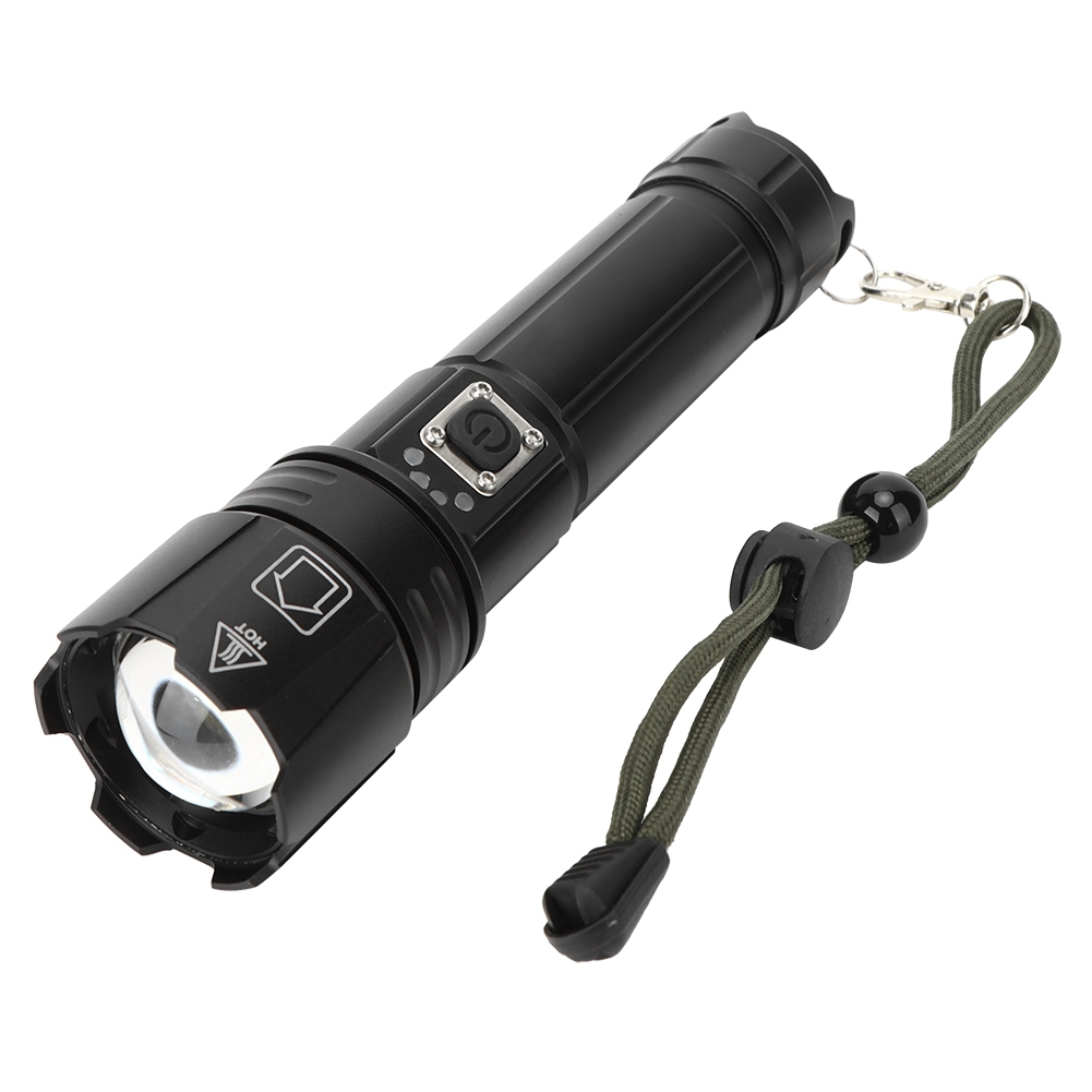 Schwarze Taschenlampe mit Lanyard. Es hat einen Power-Knopf und ein heißes Symbol. Der Hintergrund ist weiß.