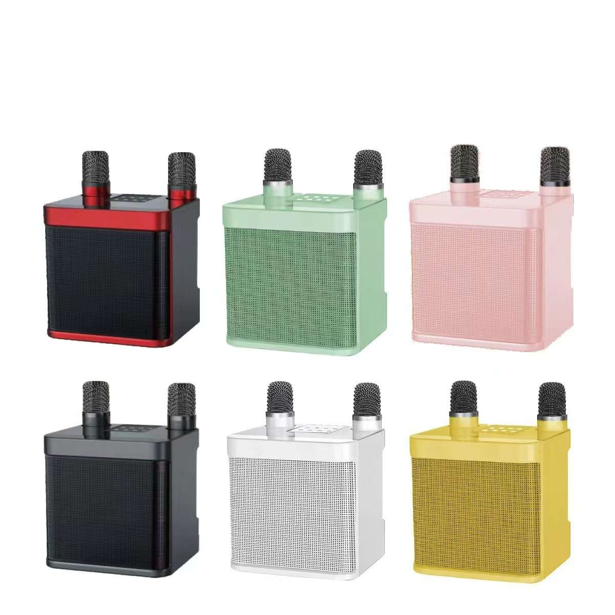 Sechs kleine, bunte Lautsprecher mit jeweils zwei Mikrofonen, in zwei Reihen angeordnet. Farben sind Rot, Grün, Rosa, Schwarz, Weiß und Gelb.