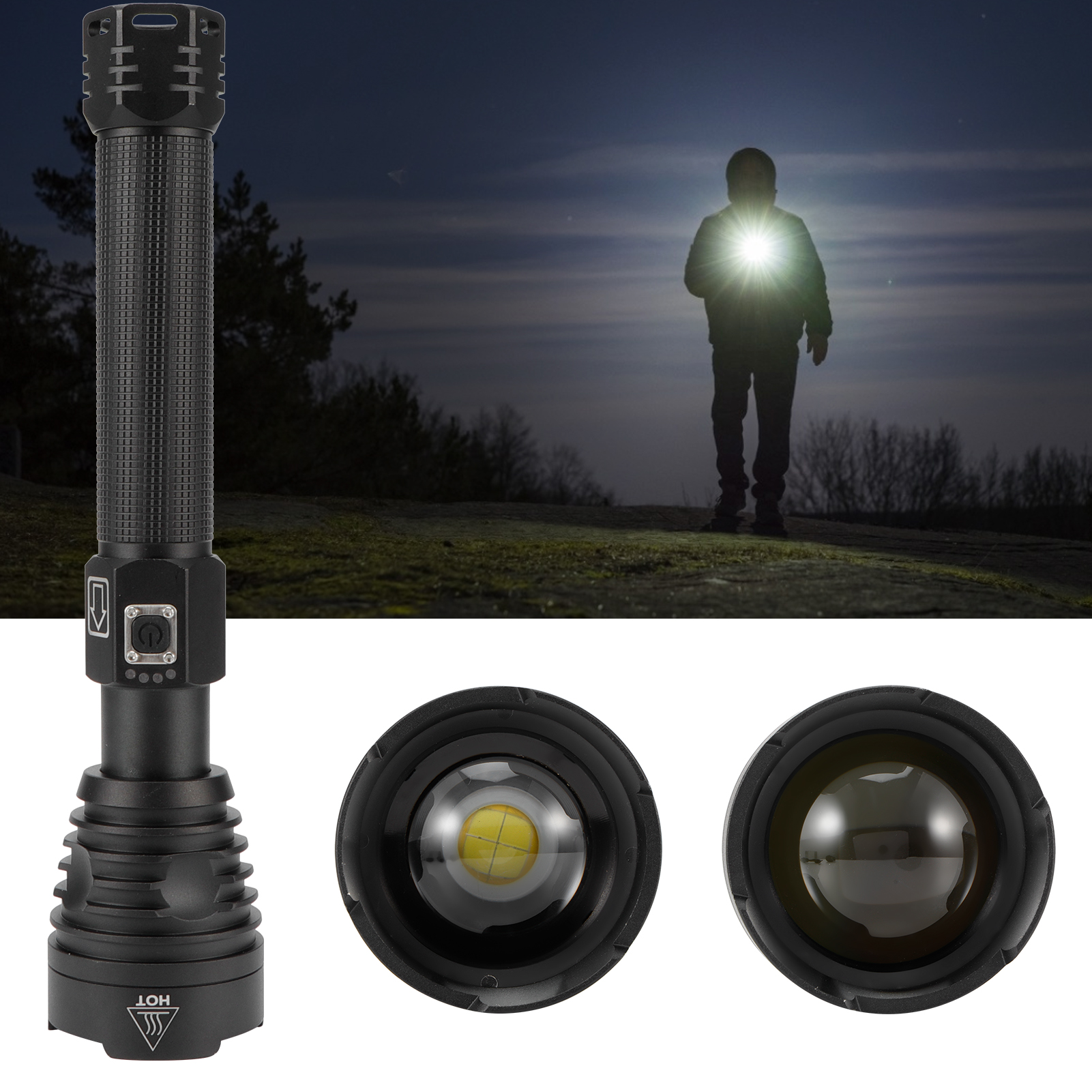 Eine schwarze Taschenlampe, eine Person, die in der Nacht ein helles Licht hält, und Details des Lampenkopfes.