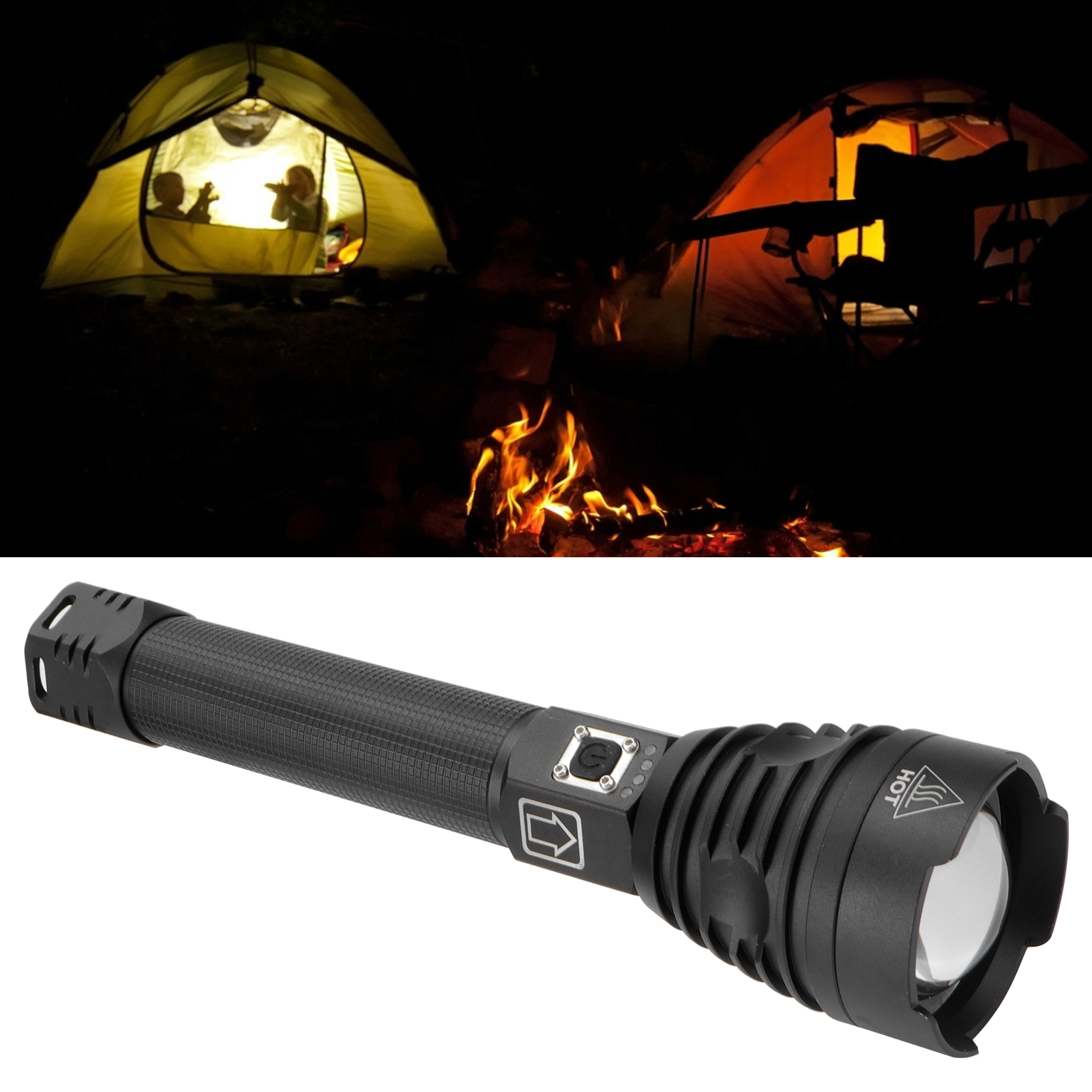 Zwei Zelte bei Nacht mit Personen darin, Lagerfeuer und eine schwarze Taschenlampe.