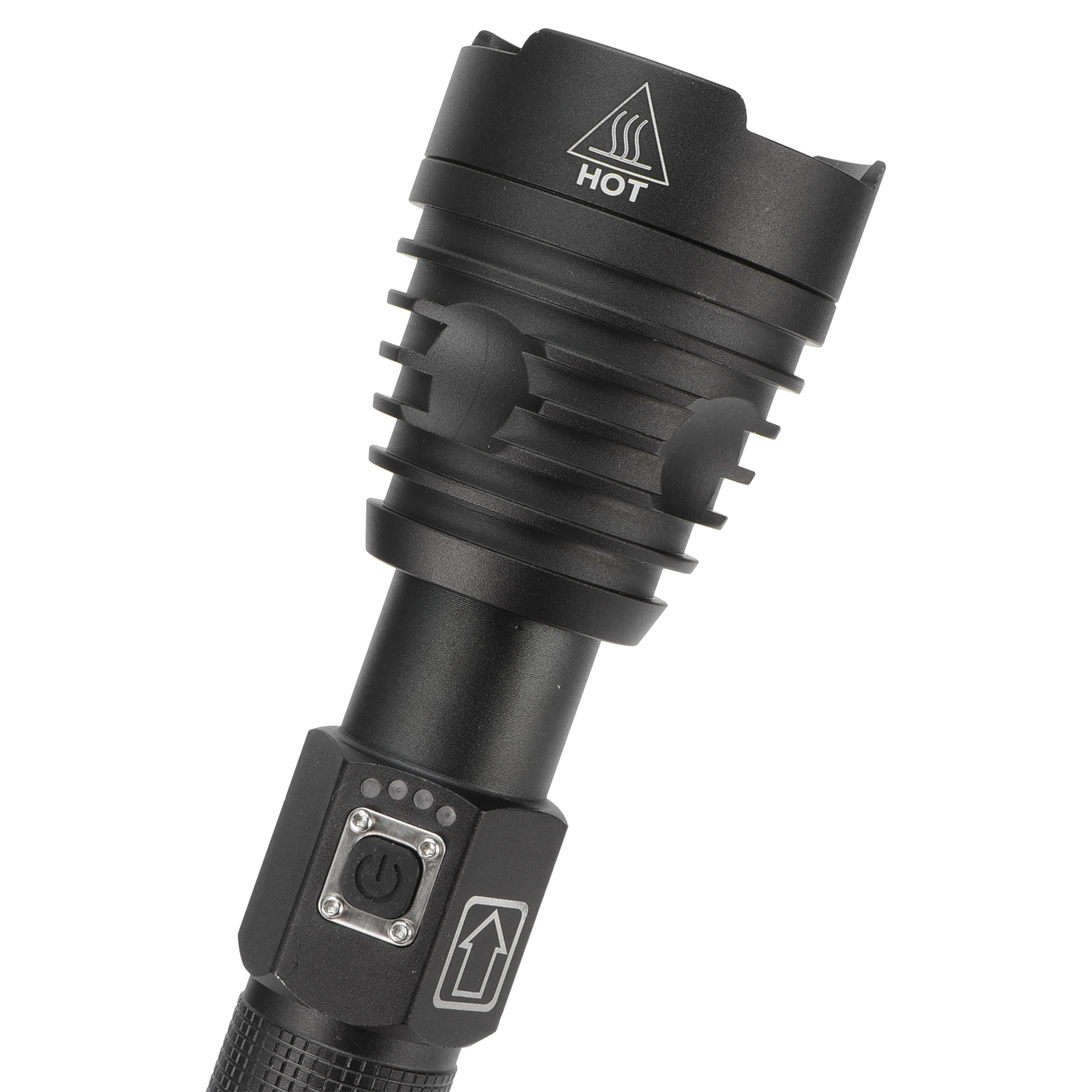 Schwarze Taschenlampe mit 'HOT'-Warnung. Mit Ein-/Aus-Taste, Kontrollleuchten und strukturierter Grifffläche.
