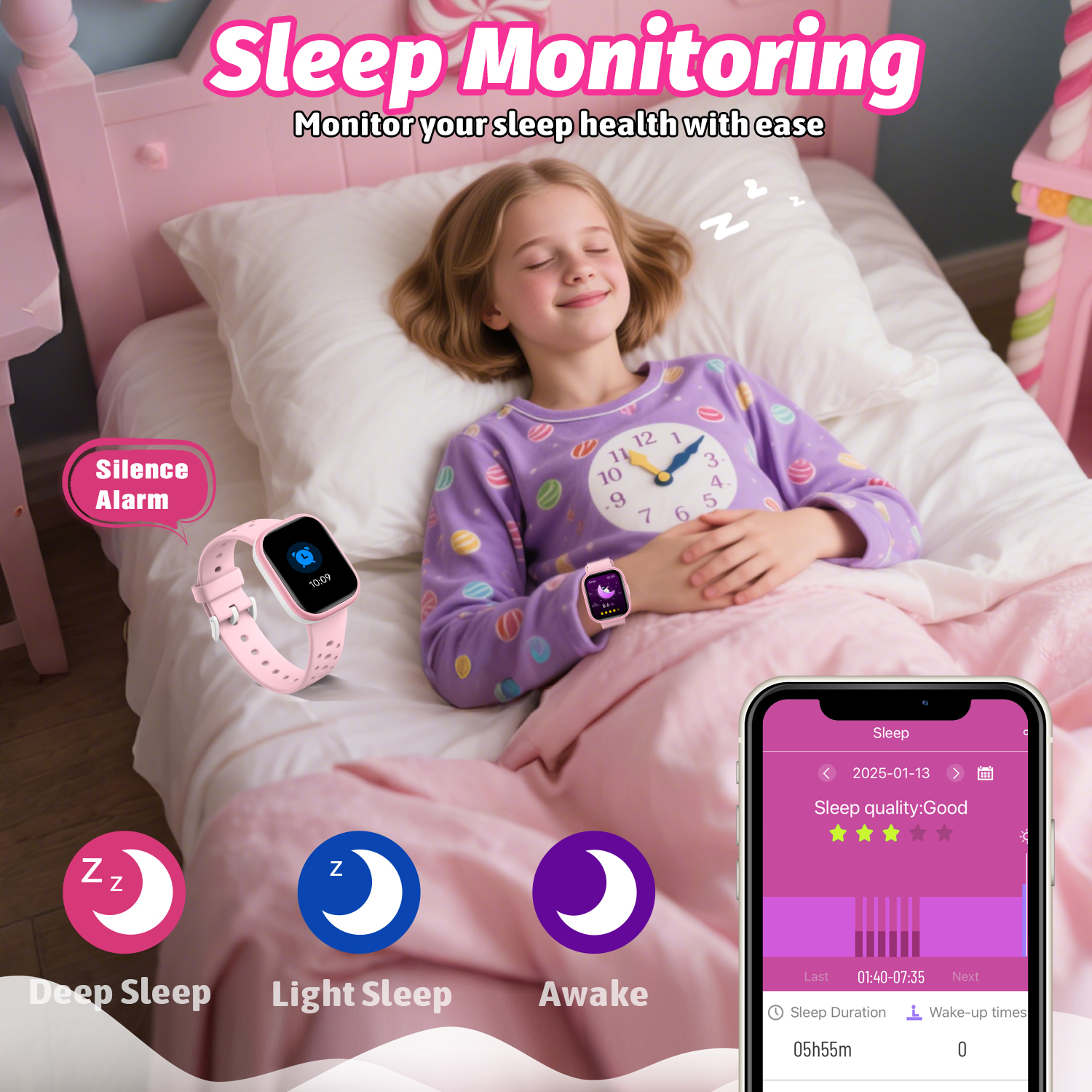 Ein schlafendes Mädchen im Bett mit Smartwatch und Schlafdaten auf dem Telefon. Das Bild enthält Schlafphasen-Symbole und Zeitdaten.