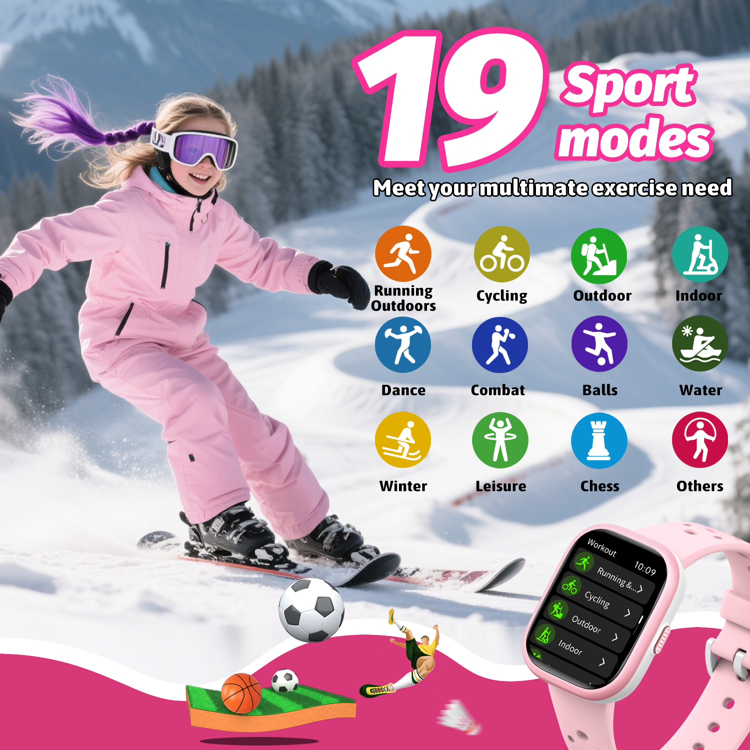 Ein Mädchen fährt Ski einen schneebedeckten Berg hinunter. Das Bild wirbt für 19 Sportmodi und zeigt eine Smartwatch mit Trainingsoptionen.