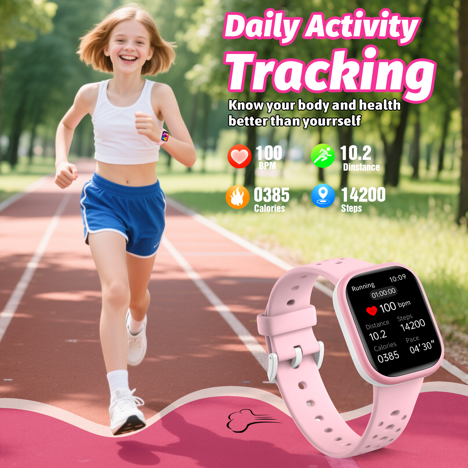 Ein Mädchen läuft auf einer Bahn. Sie trägt ein weißes Oberteil, blaue Shorts und eine rosa Smartwatch mit Gesundheitsdaten. Text: Tägliches Aktivitäts-Tracking.