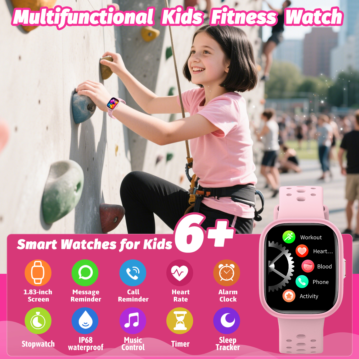 Ein Mädchen klettert an einer Wand mit einer rosa Smartwatch. Die Uhr zeigt Fitnessfunktionen. Im Hintergrund klettern andere Leute.