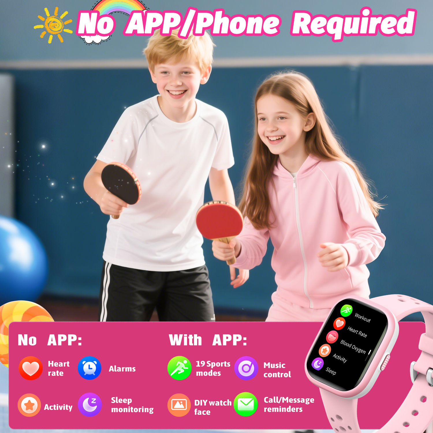 Zwei Kinder spielen Tischtennis. Eine rosa Smartwatch wird mit Funktionen wie Herzfrequenz und Training gezeigt. Text sagt 'Keine APP/Telefon erforderlich'.