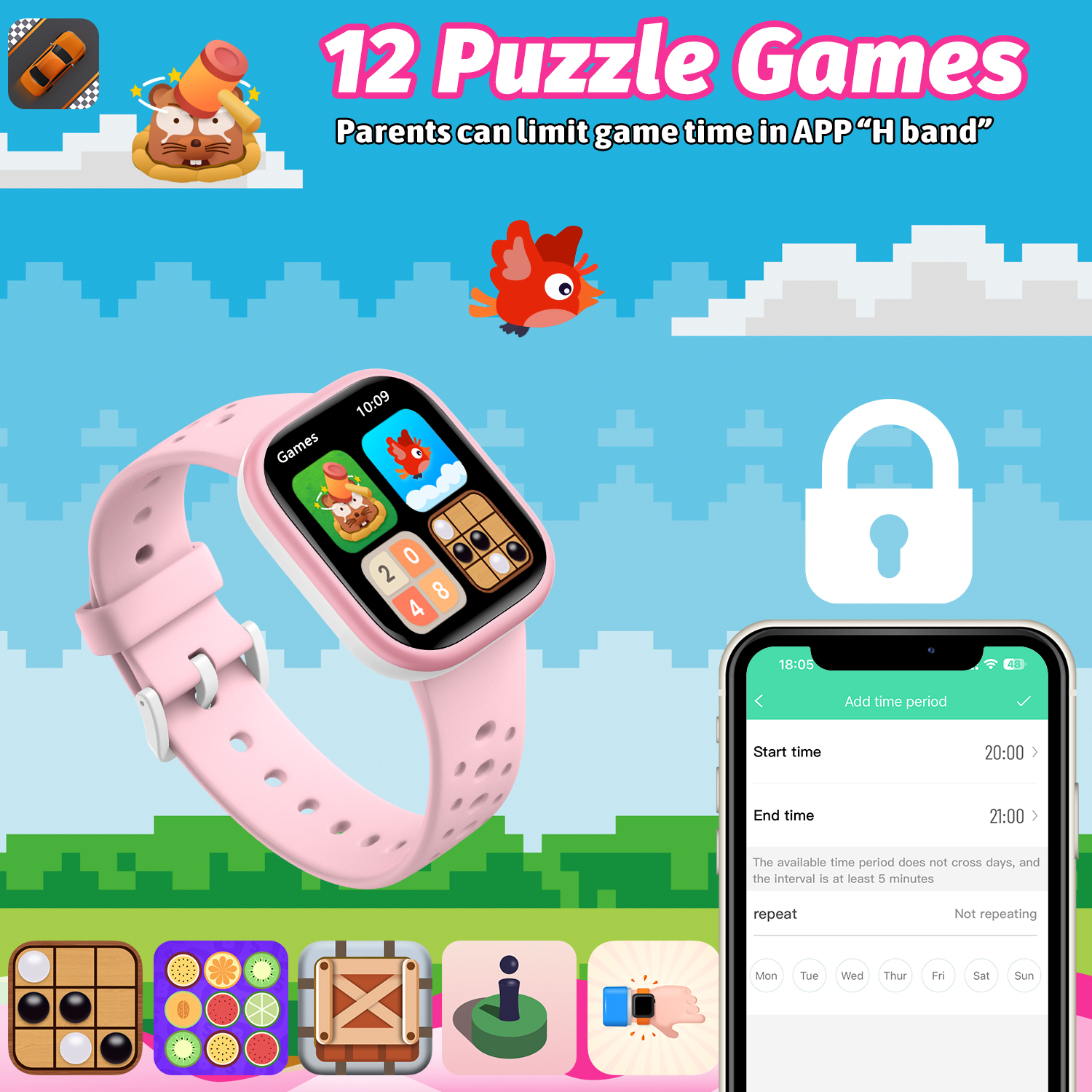 Pinke Smartwatch mit Spielsymbolen. Telefon zeigt Zeitlimit-Einstellungen. Text: 12 Puzzle-Spiele, Eltern können die Spielzeit begrenzen.