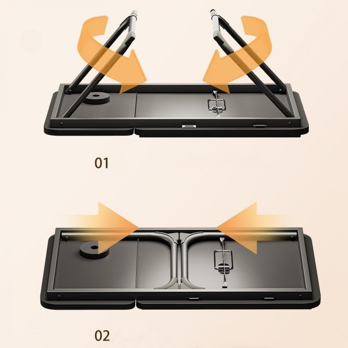 Zwei Diagramme zeigen einen klappbaren Laptop-Schreibtisch. Das obere Bild zeigt die ausgeklappten Beine, das untere den zusammengeklappten Tisch.