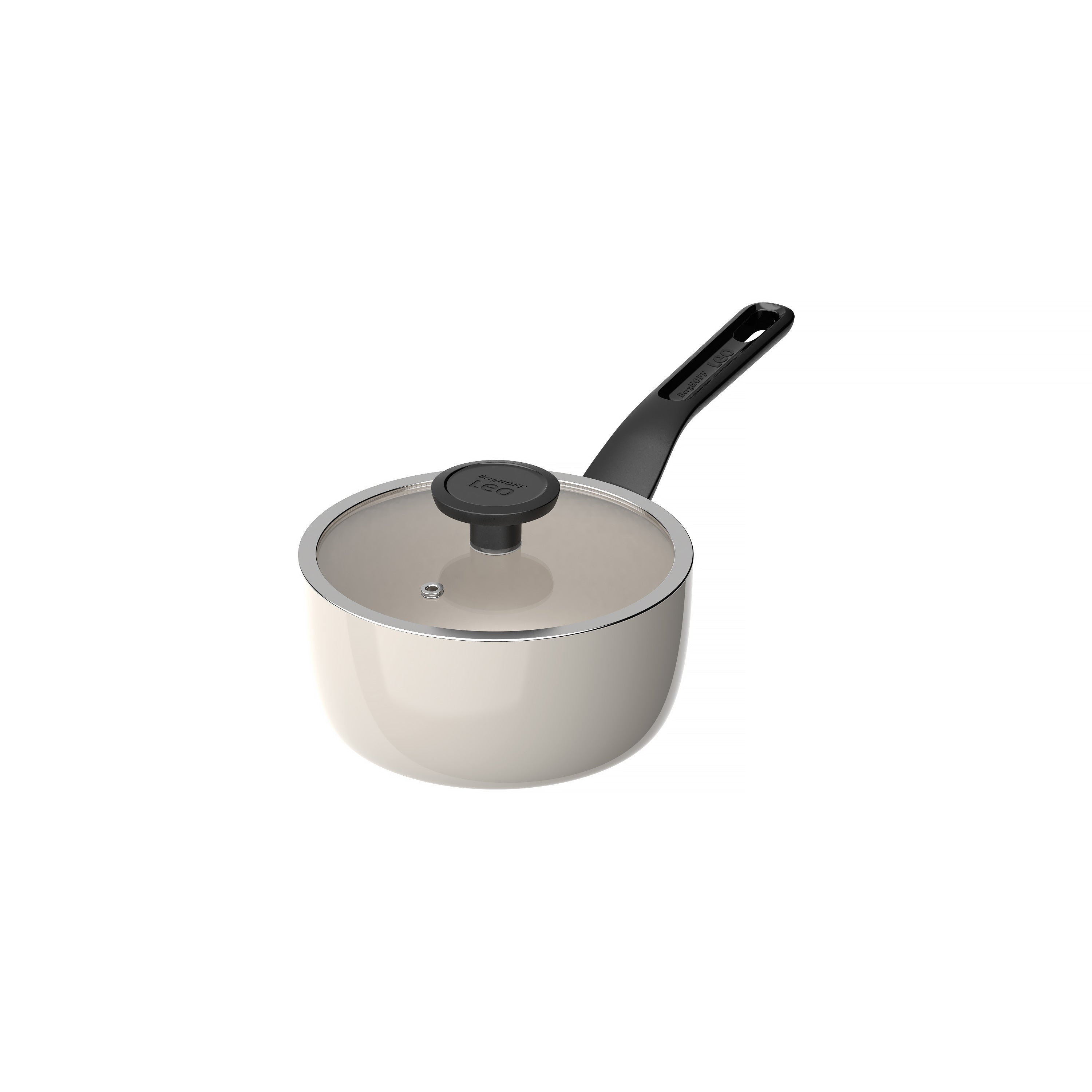 A light beige saucepan with a black handle and a glass lid. The background is plain white.