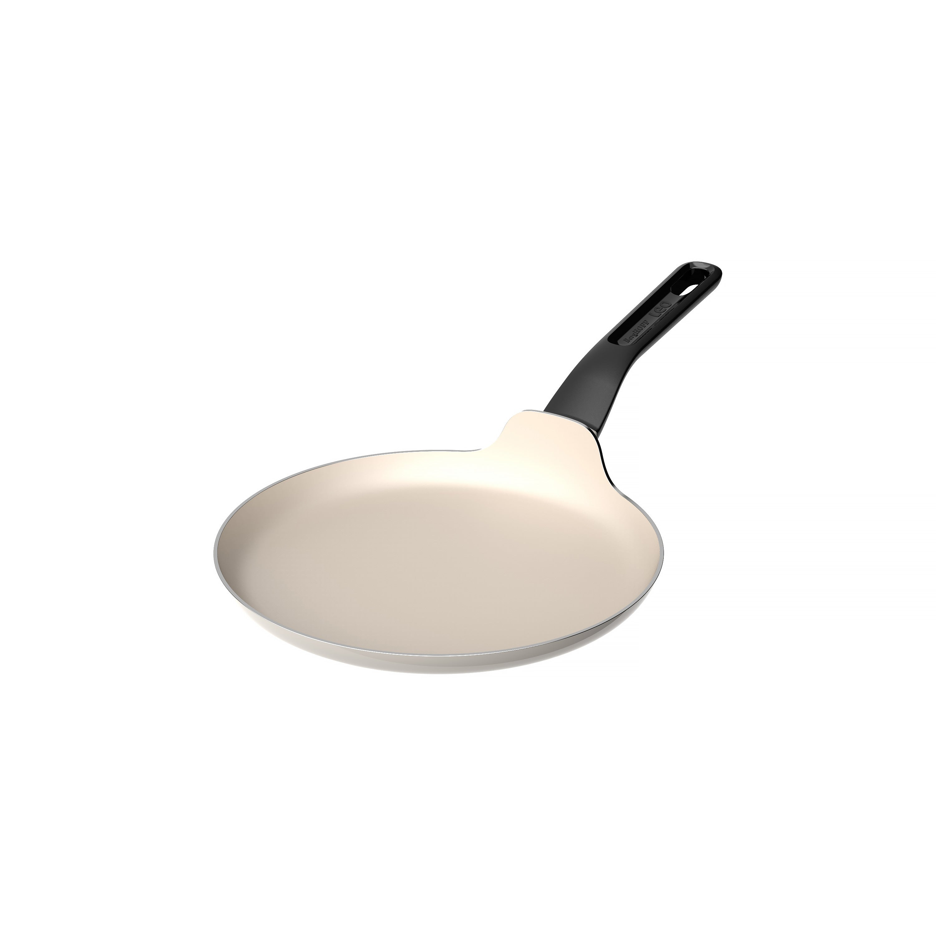 A non-stick pan with a black handle on a white background. The pan is beige and round.
