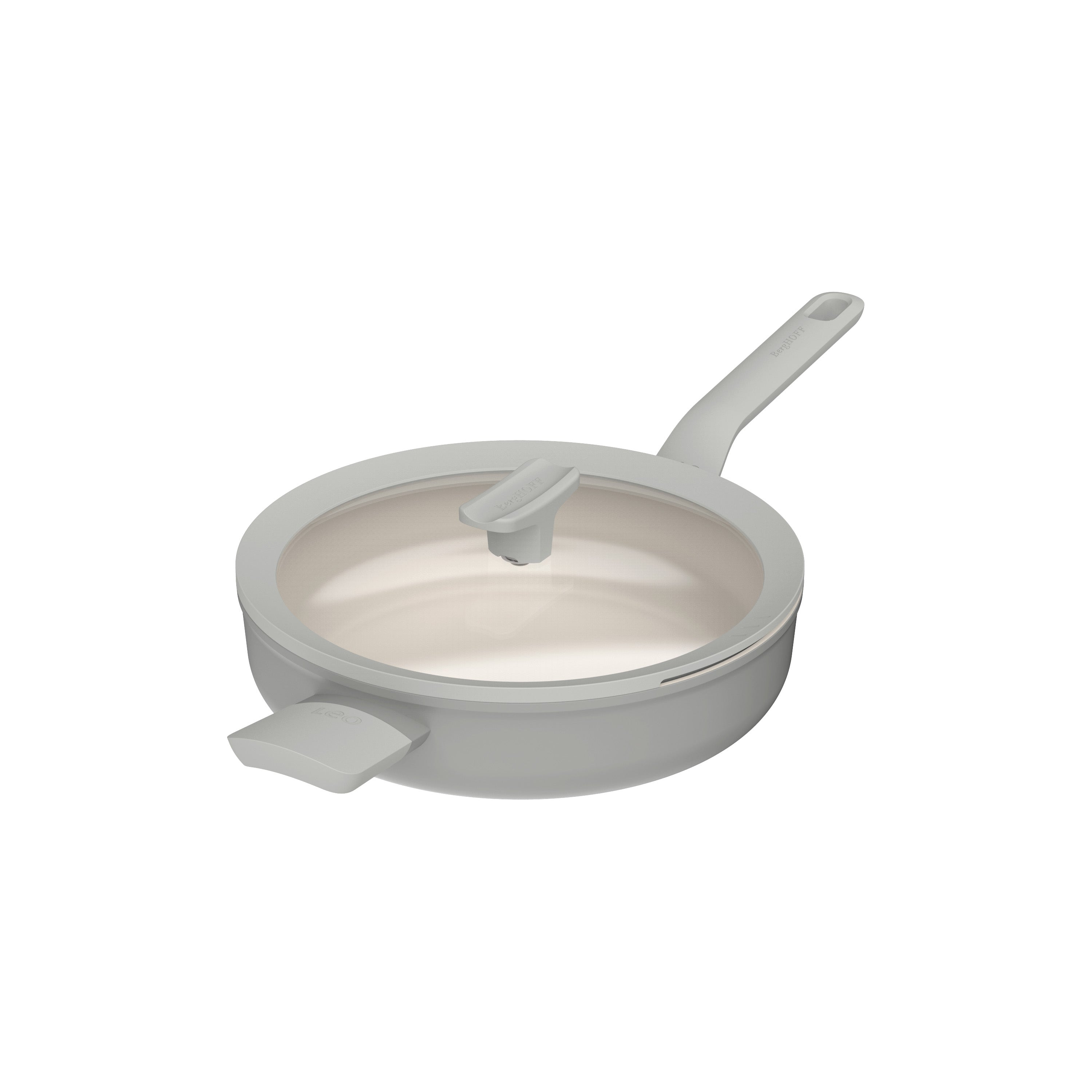 A light grey frying pan with a glass lid. The handle and lid handle are also grey.
