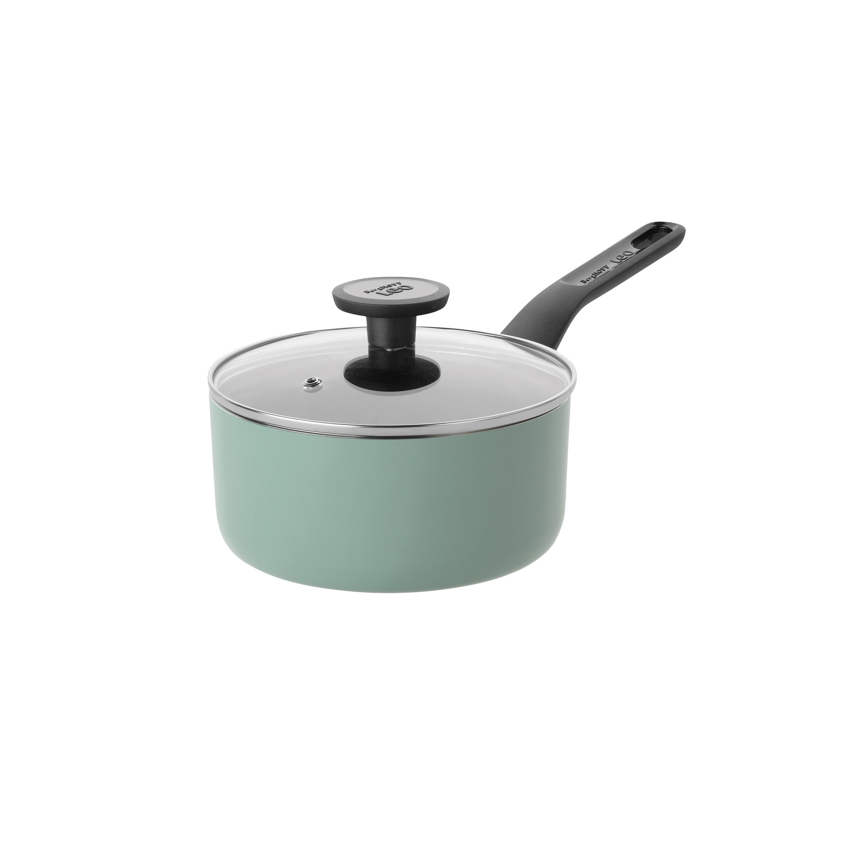 A light green saucepan with a black handle and lid sits on a white background.