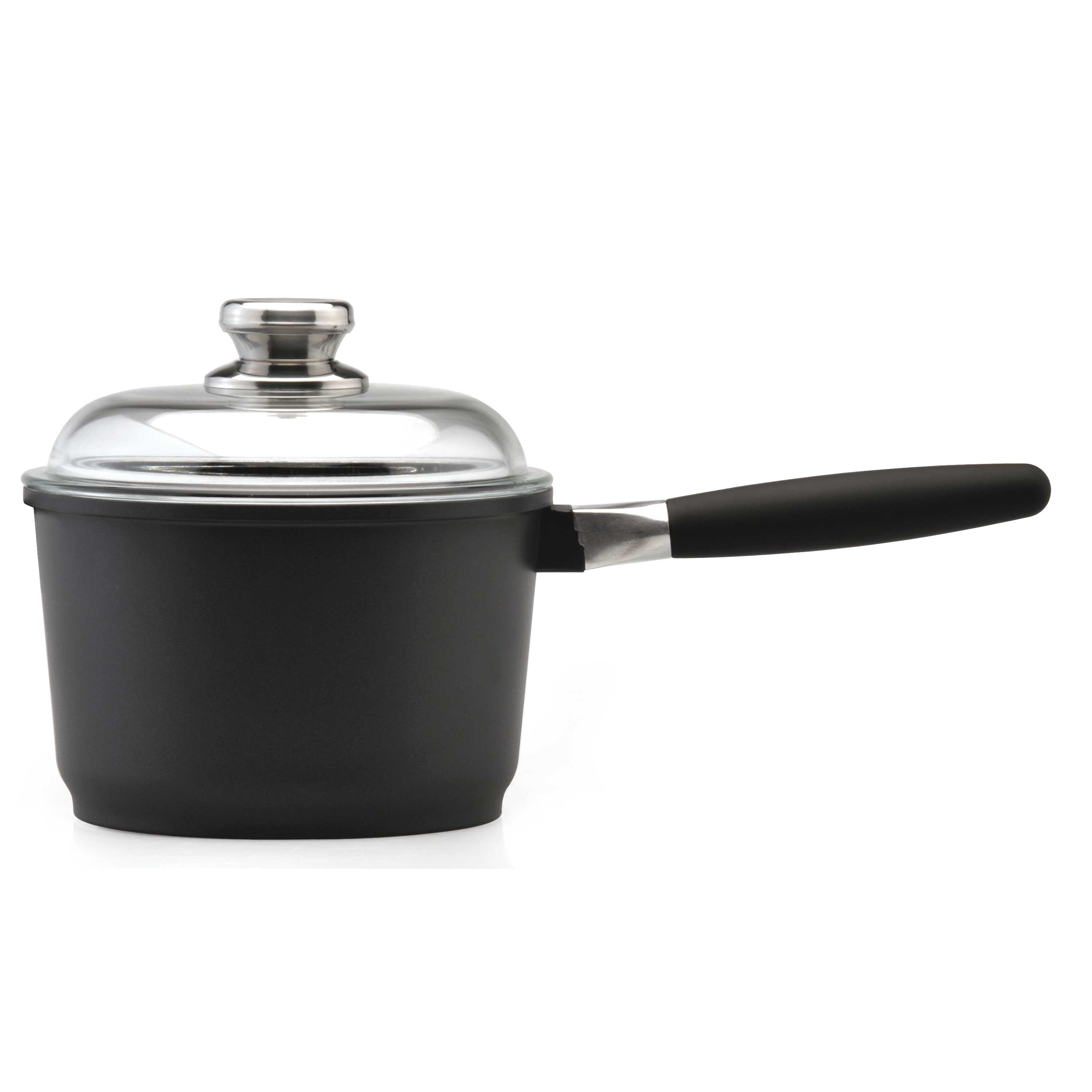 A black saucepan with a glass lid and a black handle is on a white background.