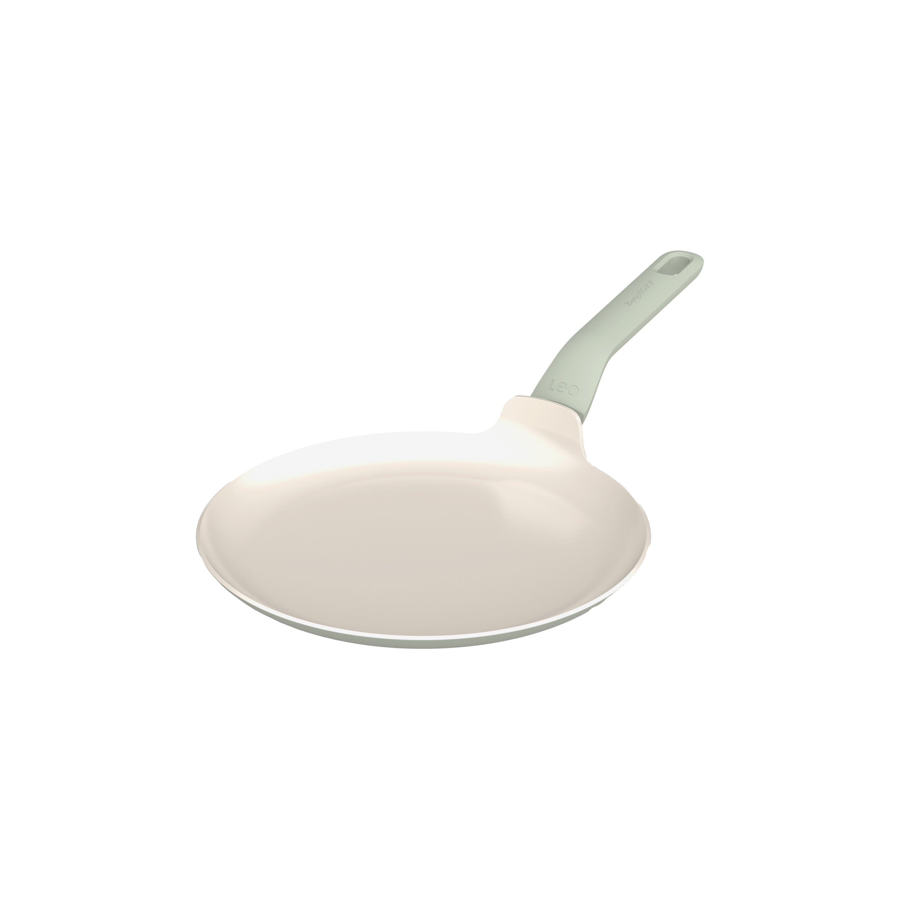 Een witte en lichtgroene koekenpan geïsoleerd op een witte achtergrond. De pan is rond met een lange steel.