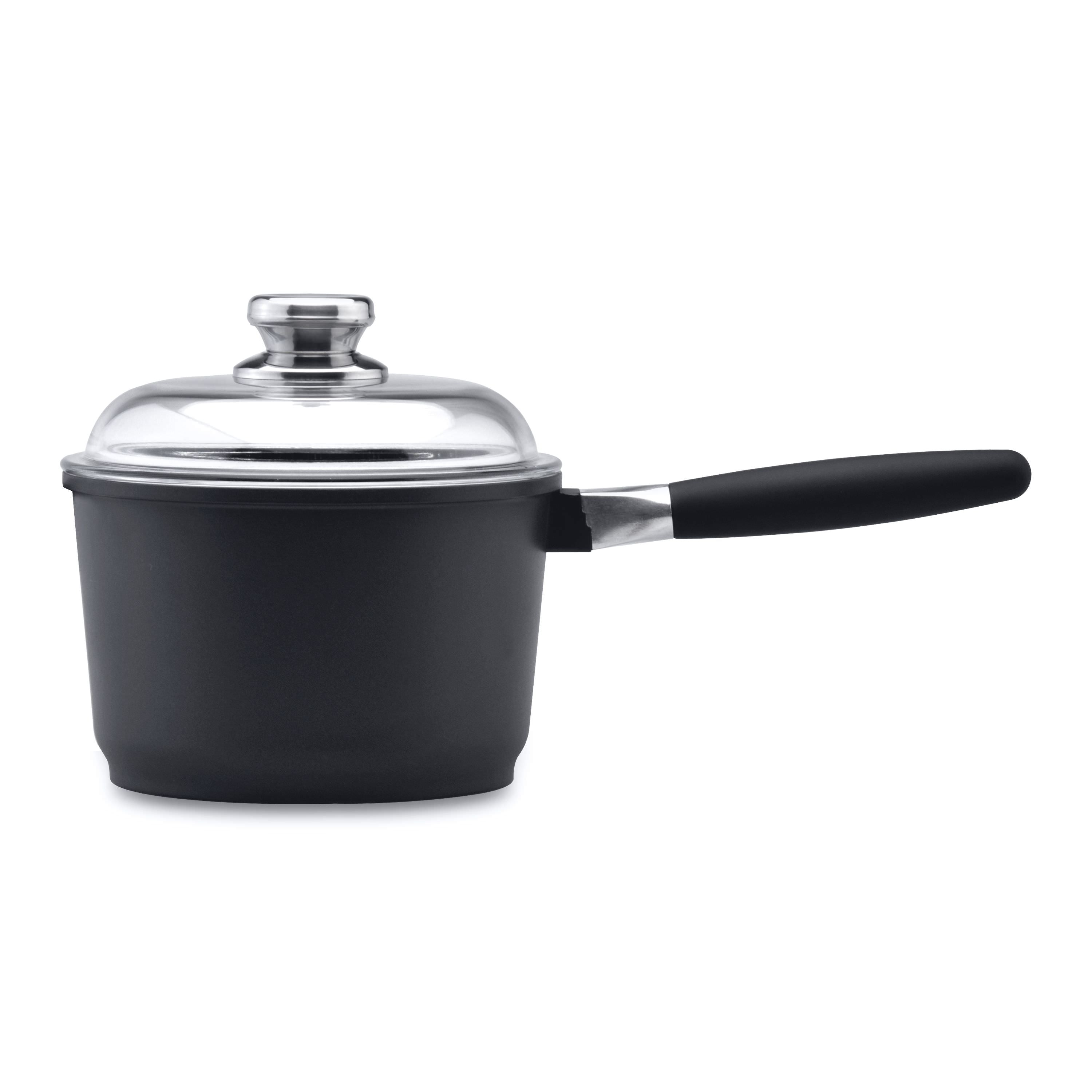 A black saucepan with a glass lid and a black handle. The background is white.