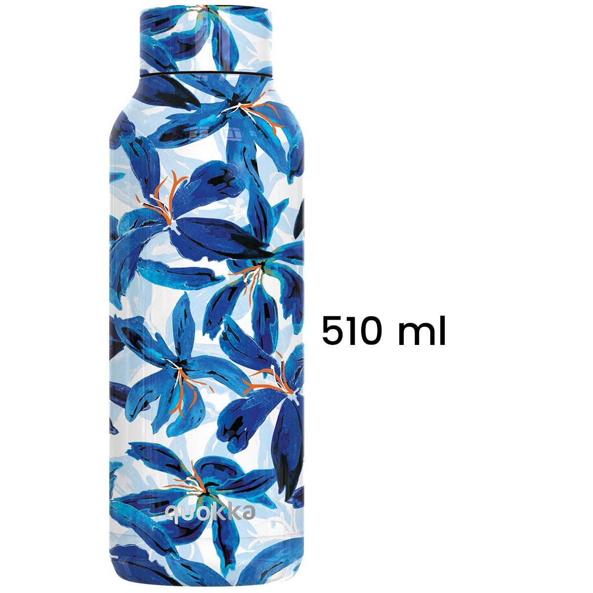Una bottiglia d'acqua con un motivo floreale blu su sfondo bianco. La bottiglia è etichettata "510 ml".