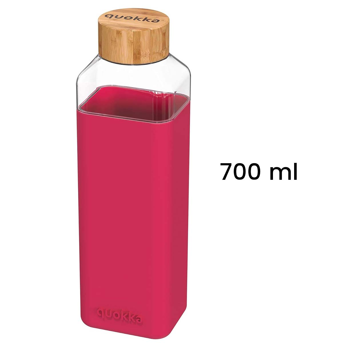 Eine Quokka-Wasserflasche mit Holzdeckel. Sie ist mit rosa Flüssigkeit gefüllt und hat ein Fassungsvermögen von 700 ml.