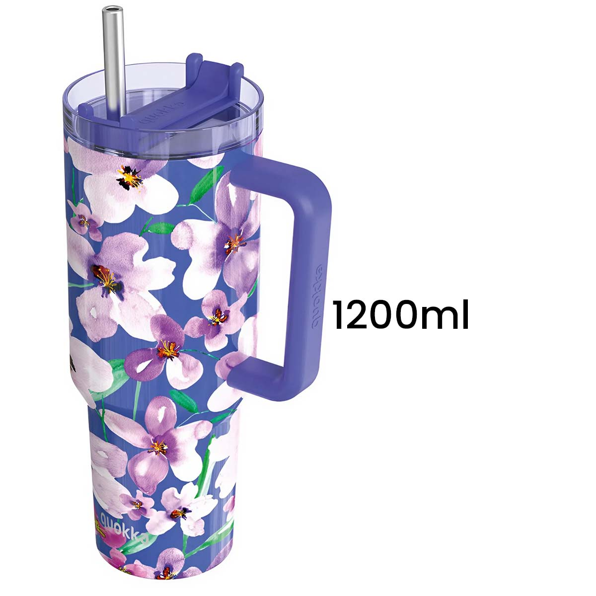 Ein Blumenzylinder mit lila Griff und Deckel. Der Hintergrund ist weiß und das Fassungsvermögen des Tumblers beträgt 1200 ml.