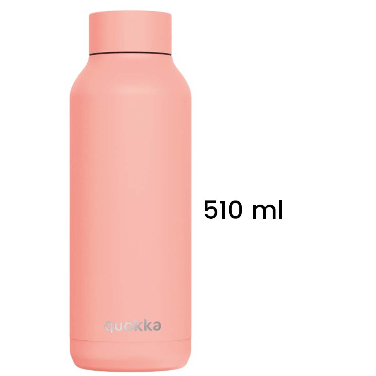 Una botella de agua rosa Quokka con una capacidad de 510 ml se muestra sobre un fondo blanco.