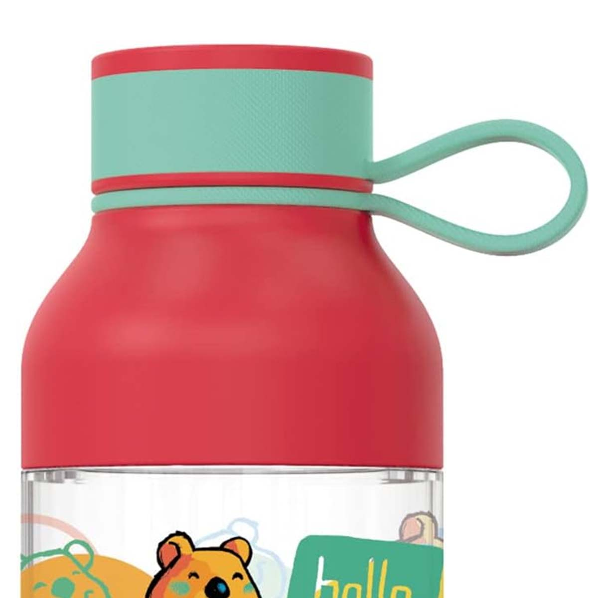 Eine rote Wasserflasche mit grünem Deckel und Griff. Winnie Puuh ist auf dem transparenten Boden zu sehen.