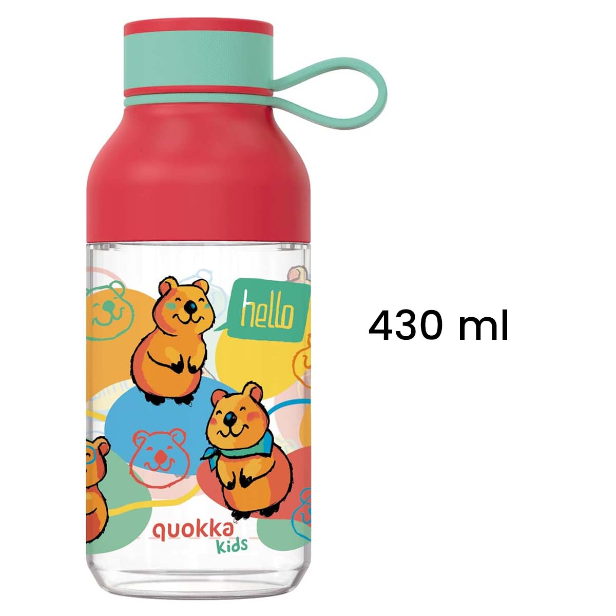 Eine rot-grüne Wasserflasche mit Cartoon-Bären. Aufschrift: 'hello', 'quokka kids' und '430 ml'.