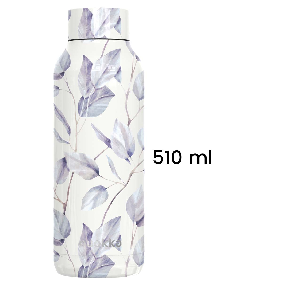 Una botella de agua blanca con un diseño floral. La botella tiene una capacidad de 510 ml. El diseño floral es de hojas azul pálido.
