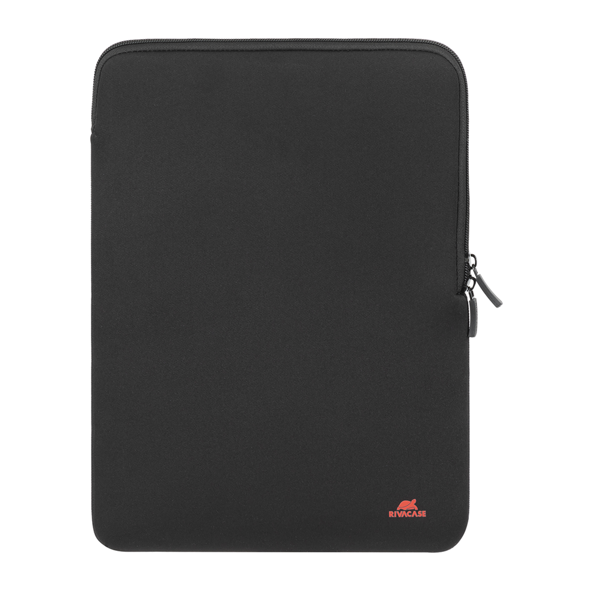 Una custodia nera per laptop con cerniera sul lato destro. L'angolo in basso a destra presenta un piccolo logo Rivacase rosso.