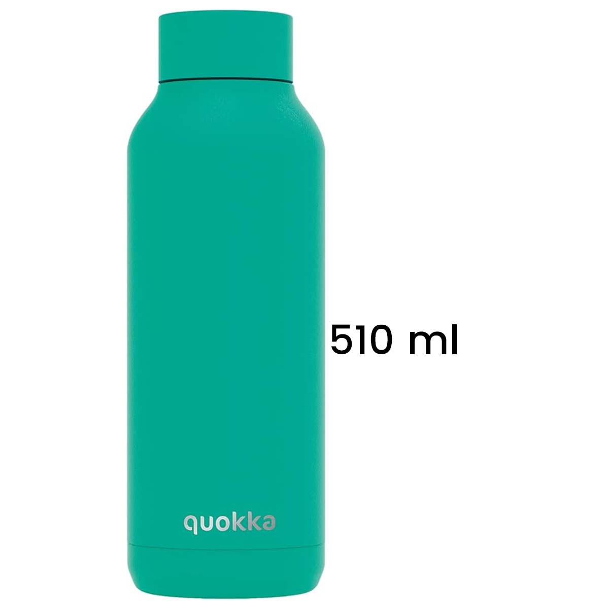 Una bottiglia d'acqua Quokka turchese, capacità 510 ml, su sfondo bianco. Il nome del marchio è in basso.