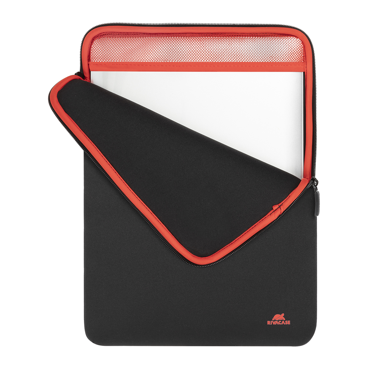 Custodia nera per laptop con finiture e cerniera rosse. Aperta, rivela carta bianca. Il marchio è visibile.