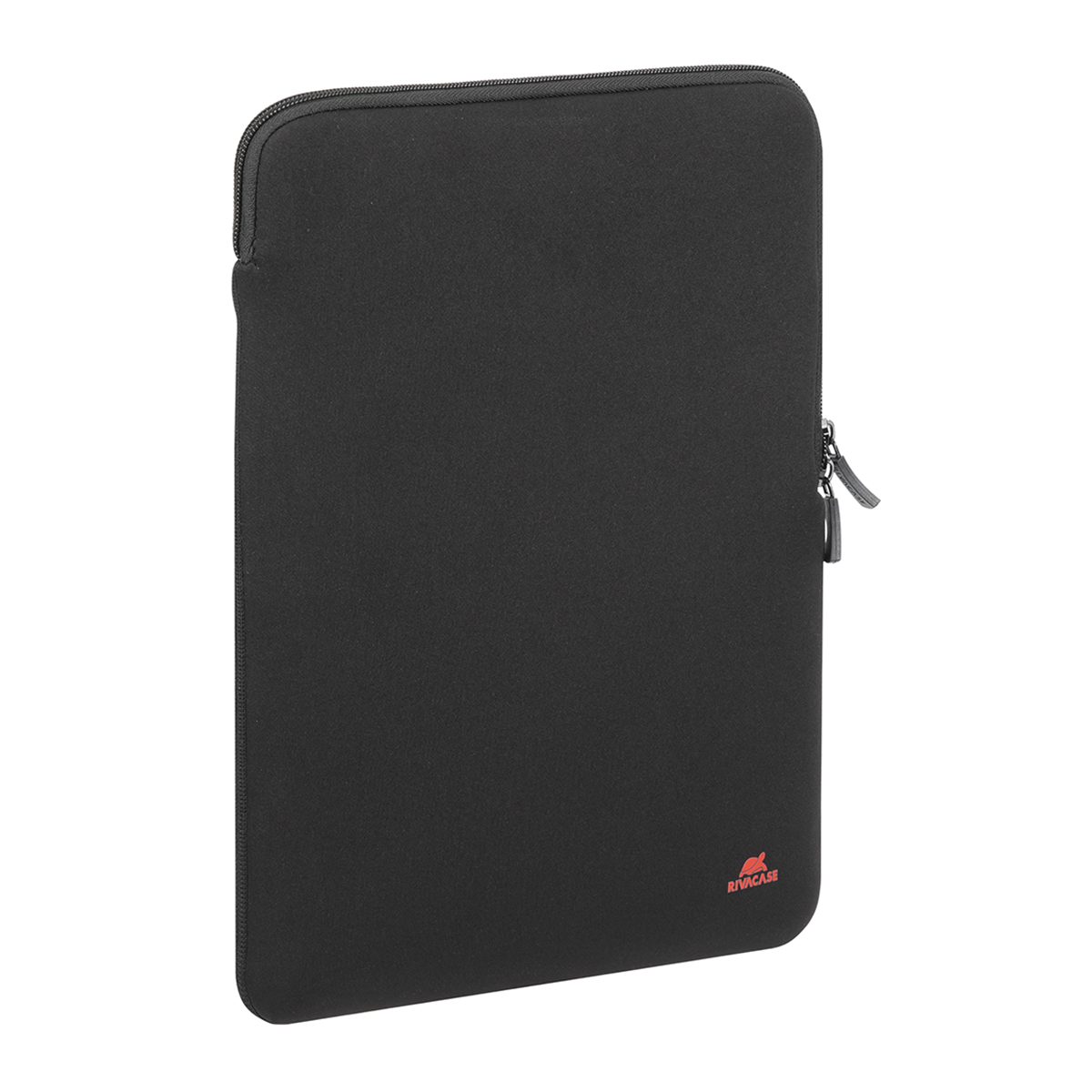 Una custodia nera per laptop con cerniera laterale. Il logo del marchio si trova in basso a destra.