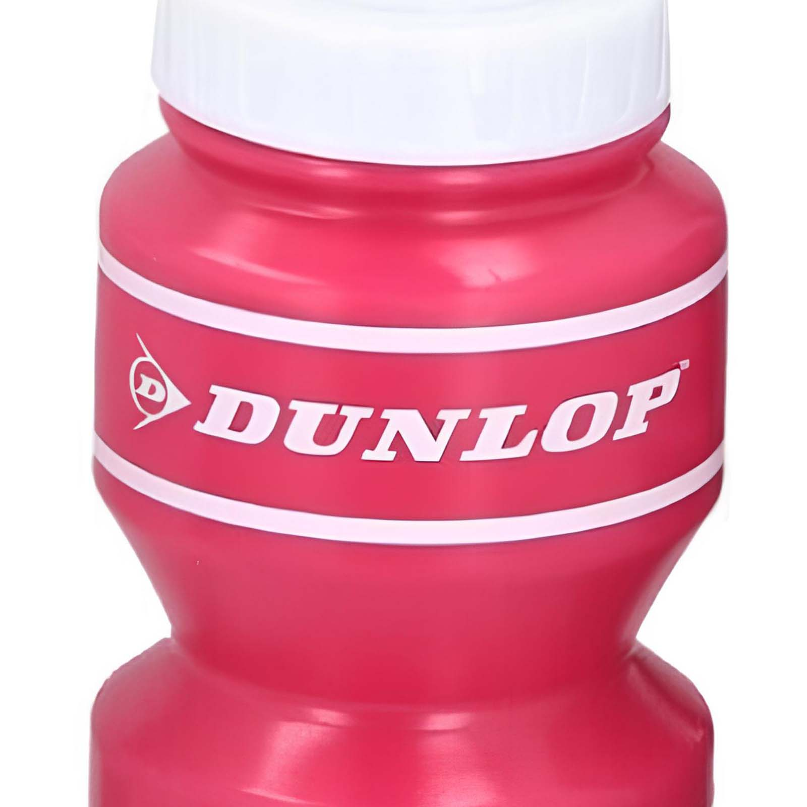 Una bottiglia d'acqua rosa Dunlop con tappo bianco. Il marchio Dunlop è scritto in bianco sulla bottiglia.