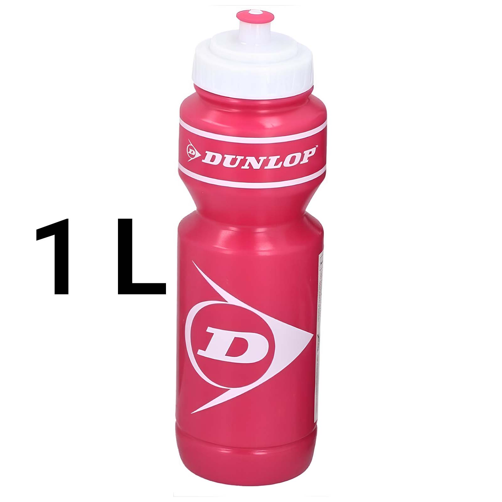 Una borraccia Dunlop rosa con tappo bianco. La borraccia ha un logo D bianco e dice 1 L.