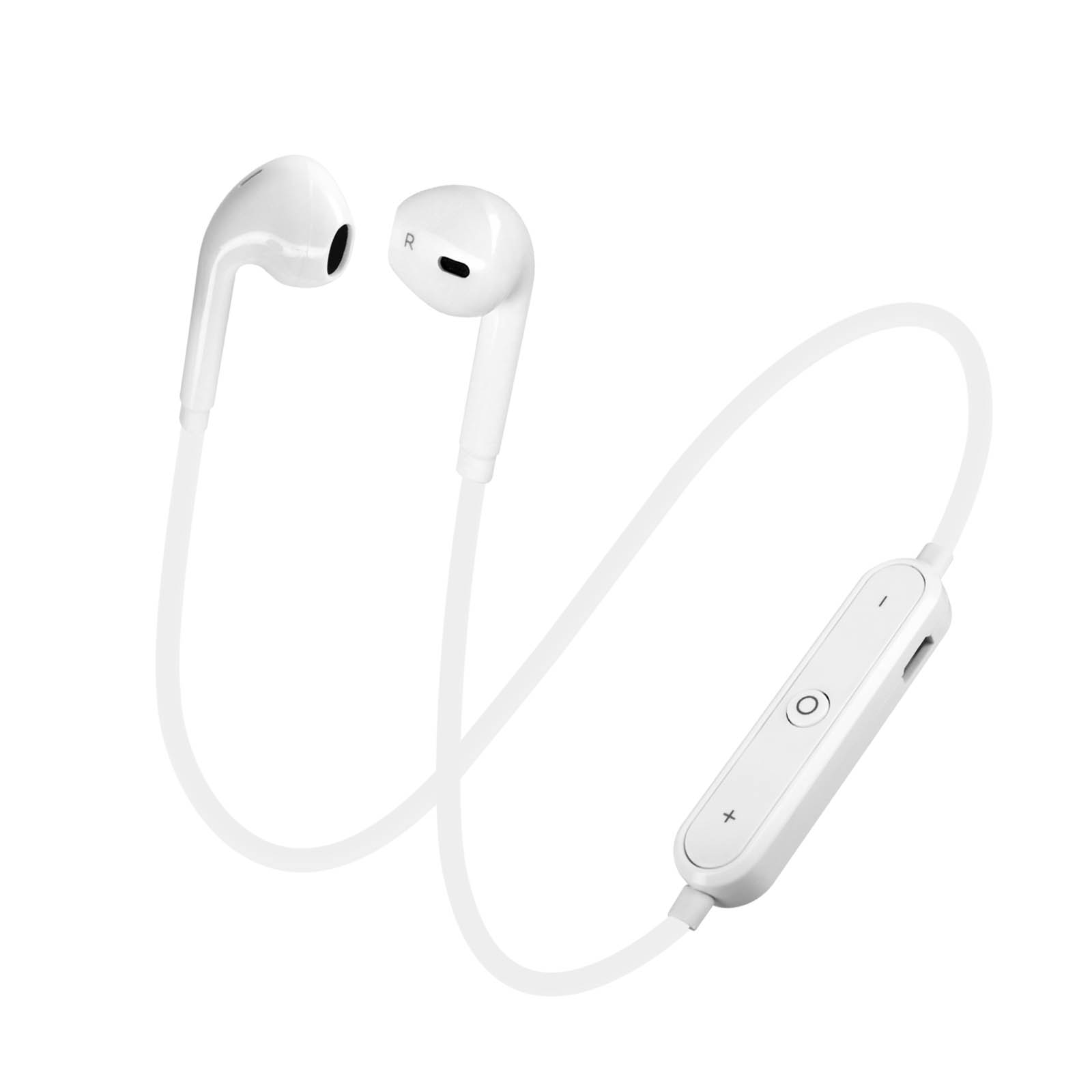 Auricolari wireless bianchi con cavo di collegamento e pannello di controllo su sfondo bianco.