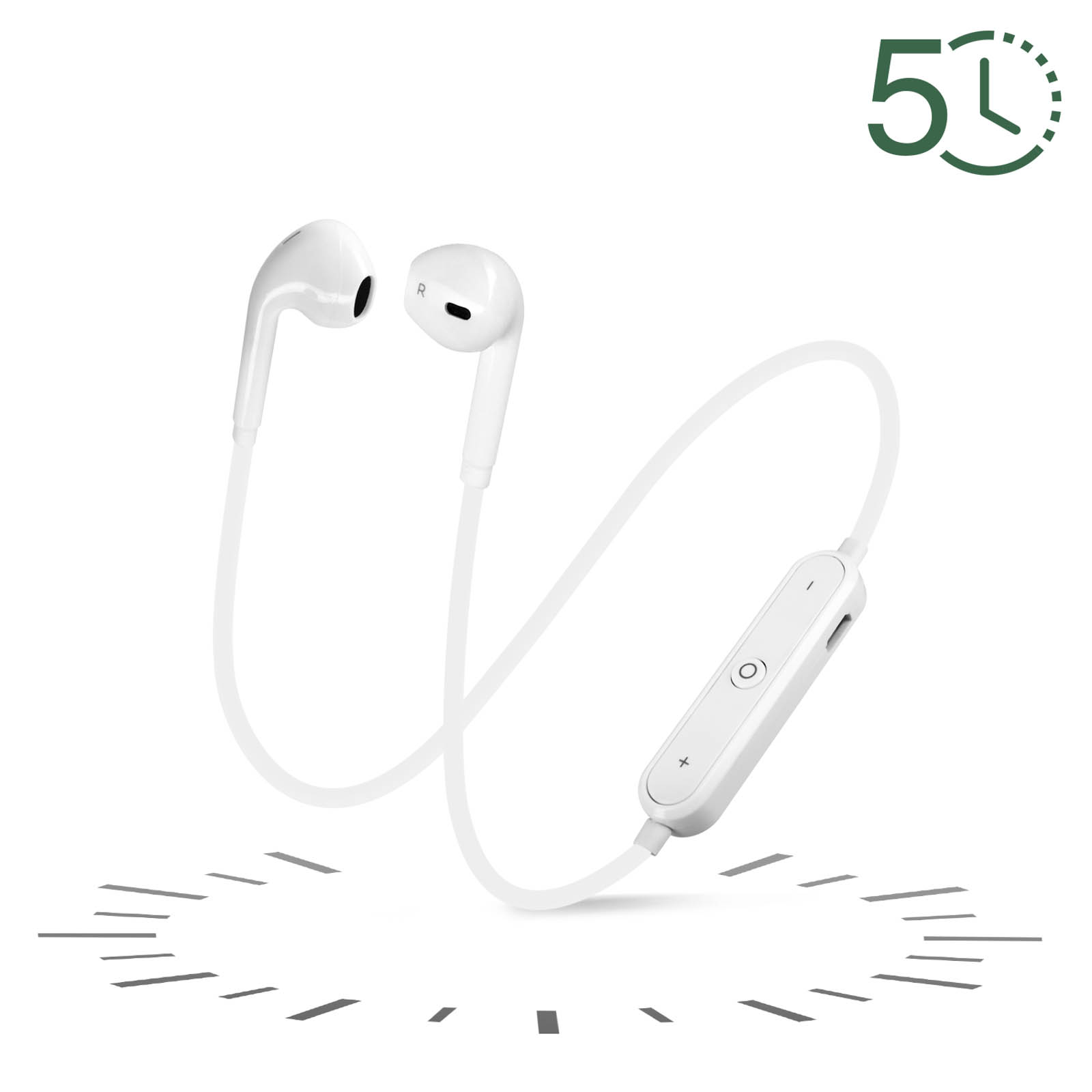 Auricolari wireless bianchi con un pannello di controllo. Un'icona dell'orologio verde in alto a destra. Linee tratteggiate in basso.
